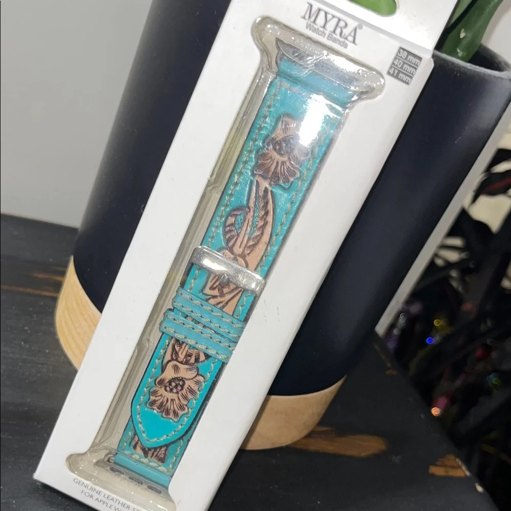 Myra Bag Turquoise and Brown Leather iPhone Watch Band - Picture 1 of 4